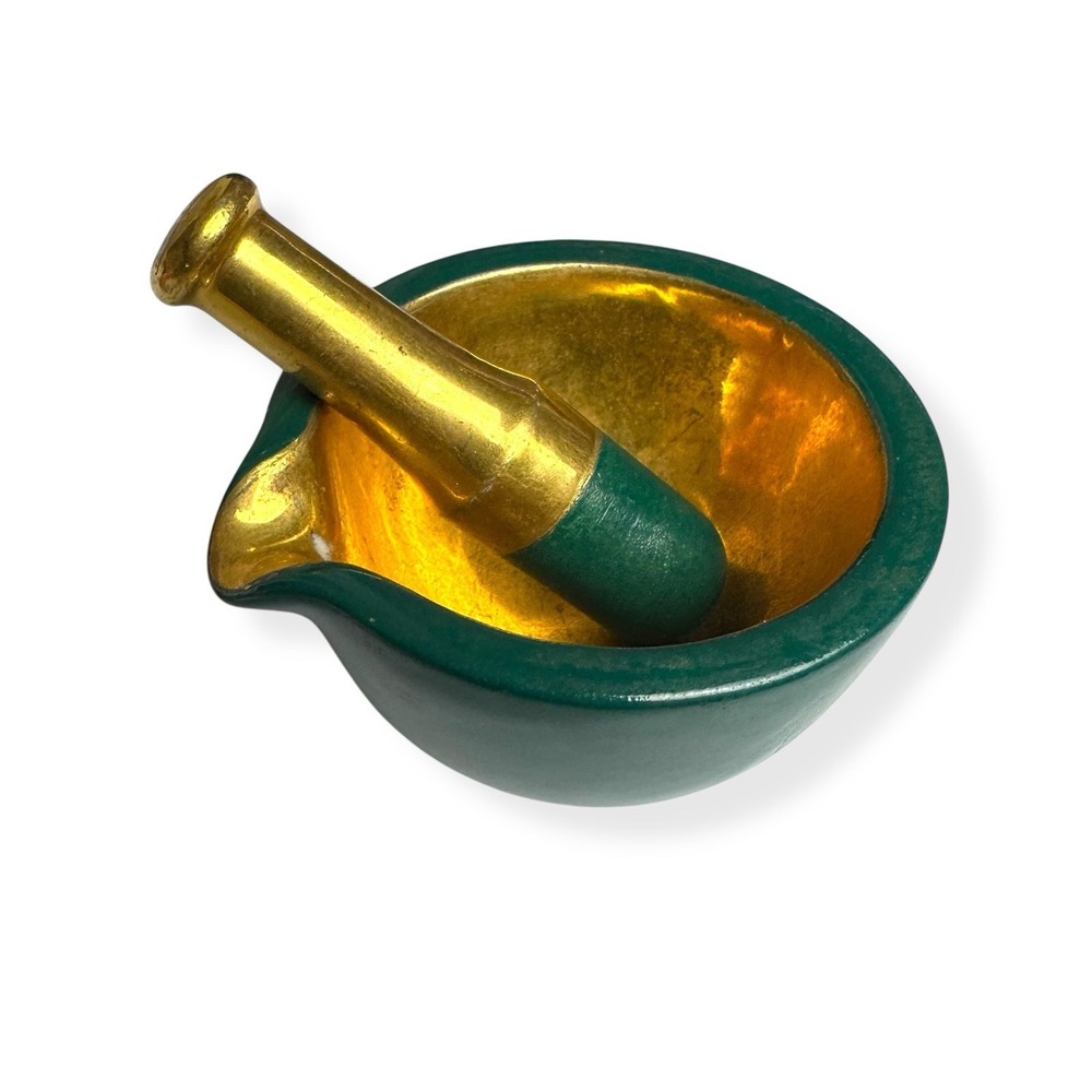 Vintage Ceramic Mortar & Pestles Green Gold 3.5" Small Bowl Dish RX Herb Grinder - Picture 6 of 14
